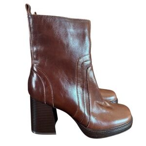 Nine West Brown Leather Donad Ankle Boots Square Toe Block Heel Modern NEW 9